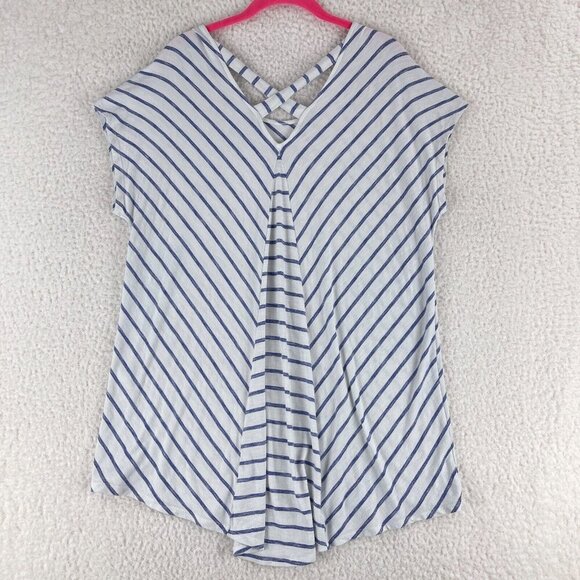 Chico's White Blue Striped Pullover Shirt Womens Stretch Short Sleeve Size Large - Picture 10 of 12